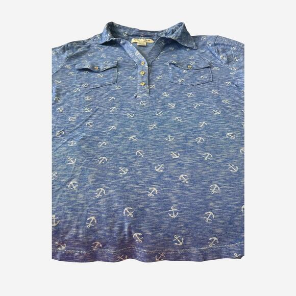 REBECCA MALONE SHORT SLV POINTED COLLAR V-NECK TOP, WOMENS, 1X, BLUE, ANCHORS - Picture 4 of 12